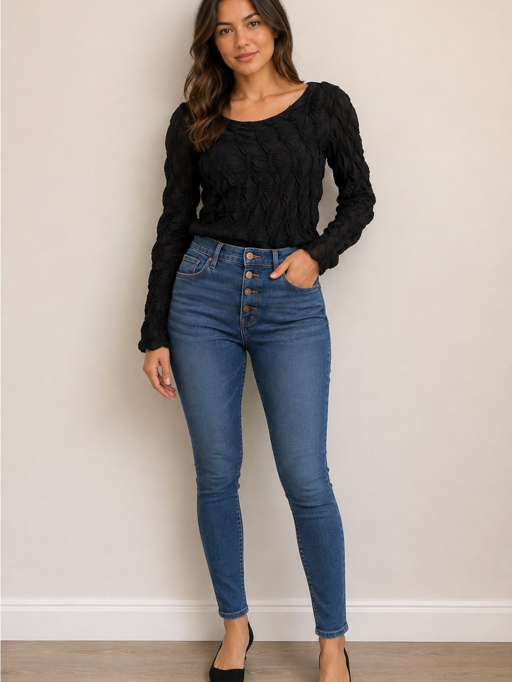 See You Monday Los Angeles Textured Ruched Black Long Sleeve Top Women’s XL